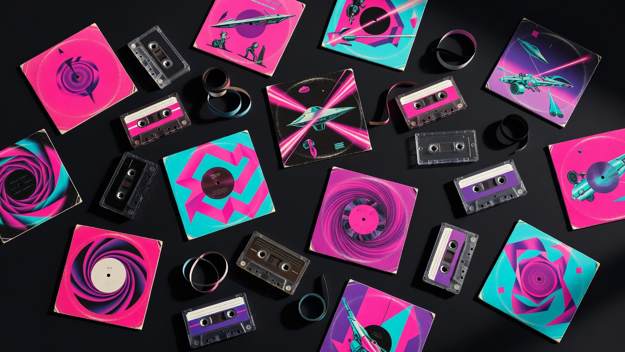 Abstract arrangement of colourful record sleeves and cassette tape shapes