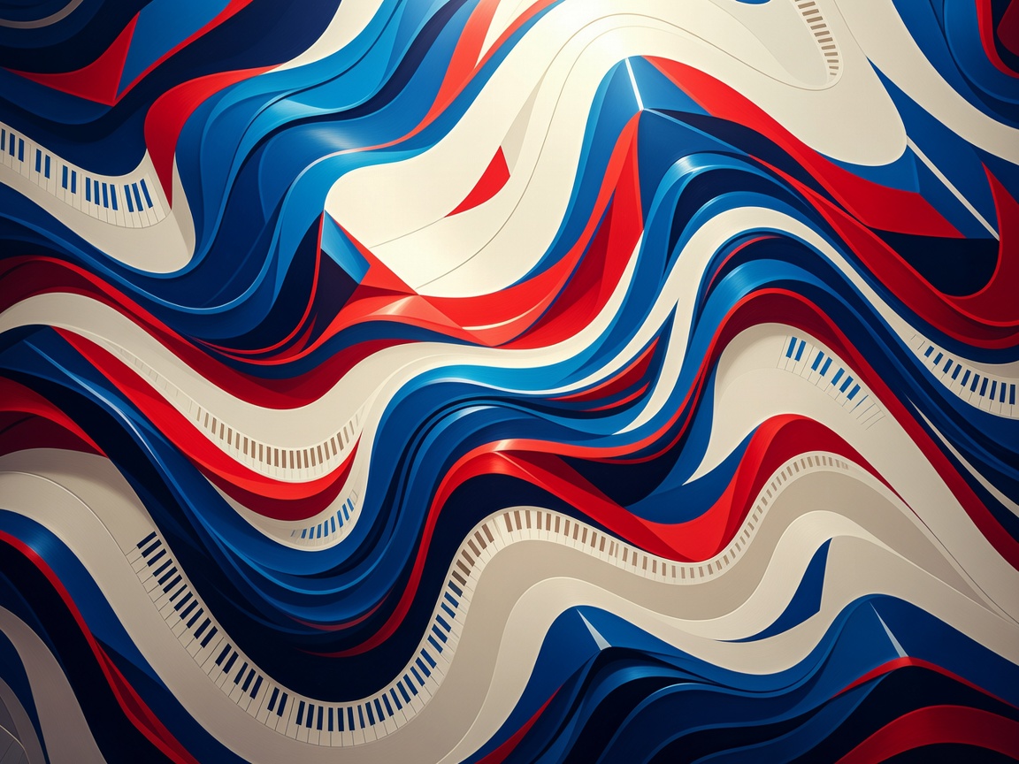 Abstract angular waves in blue, red and cream with a small keyboard pattern