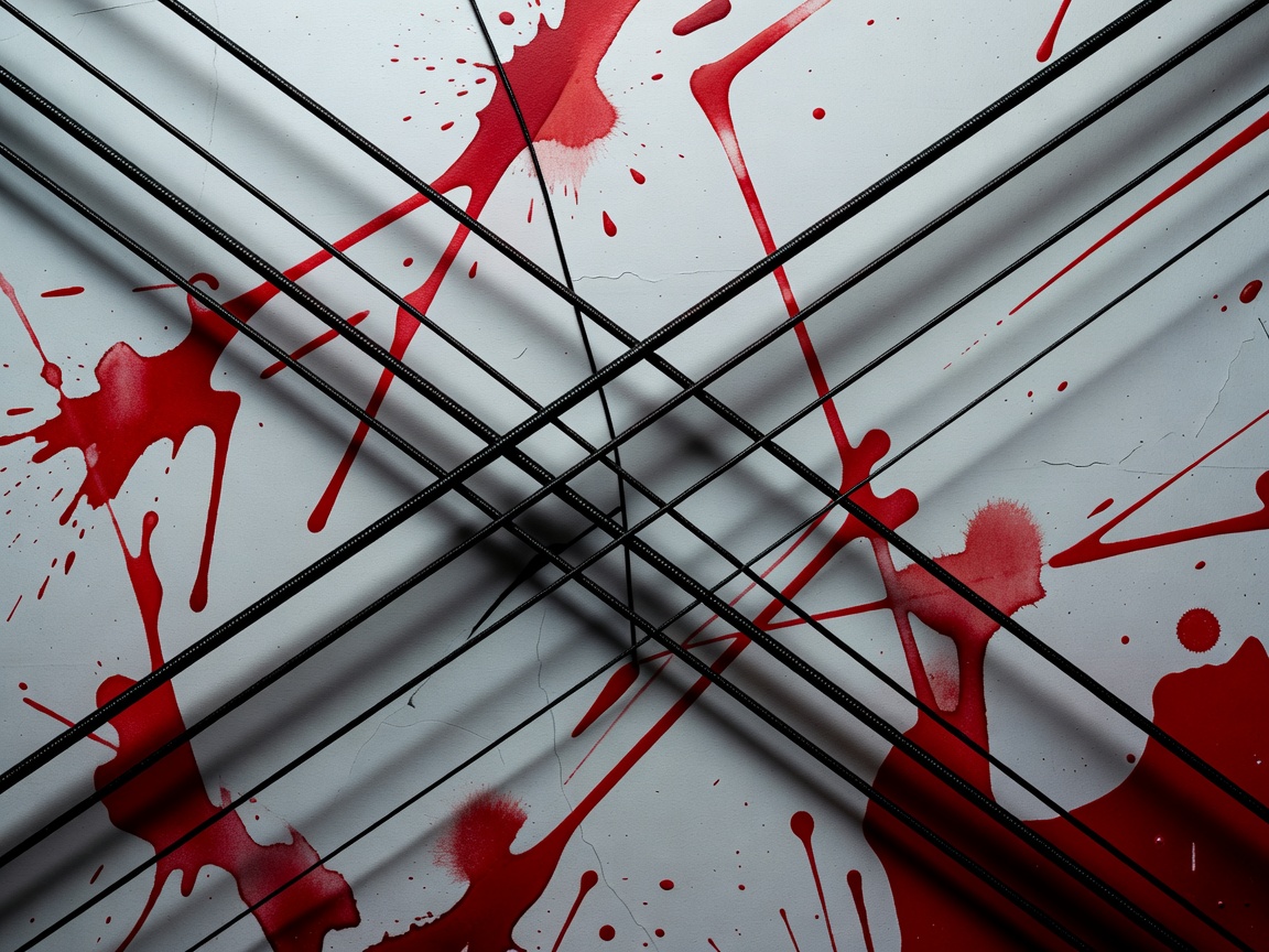Abstract black guitar strings crossing a pale grey and red field