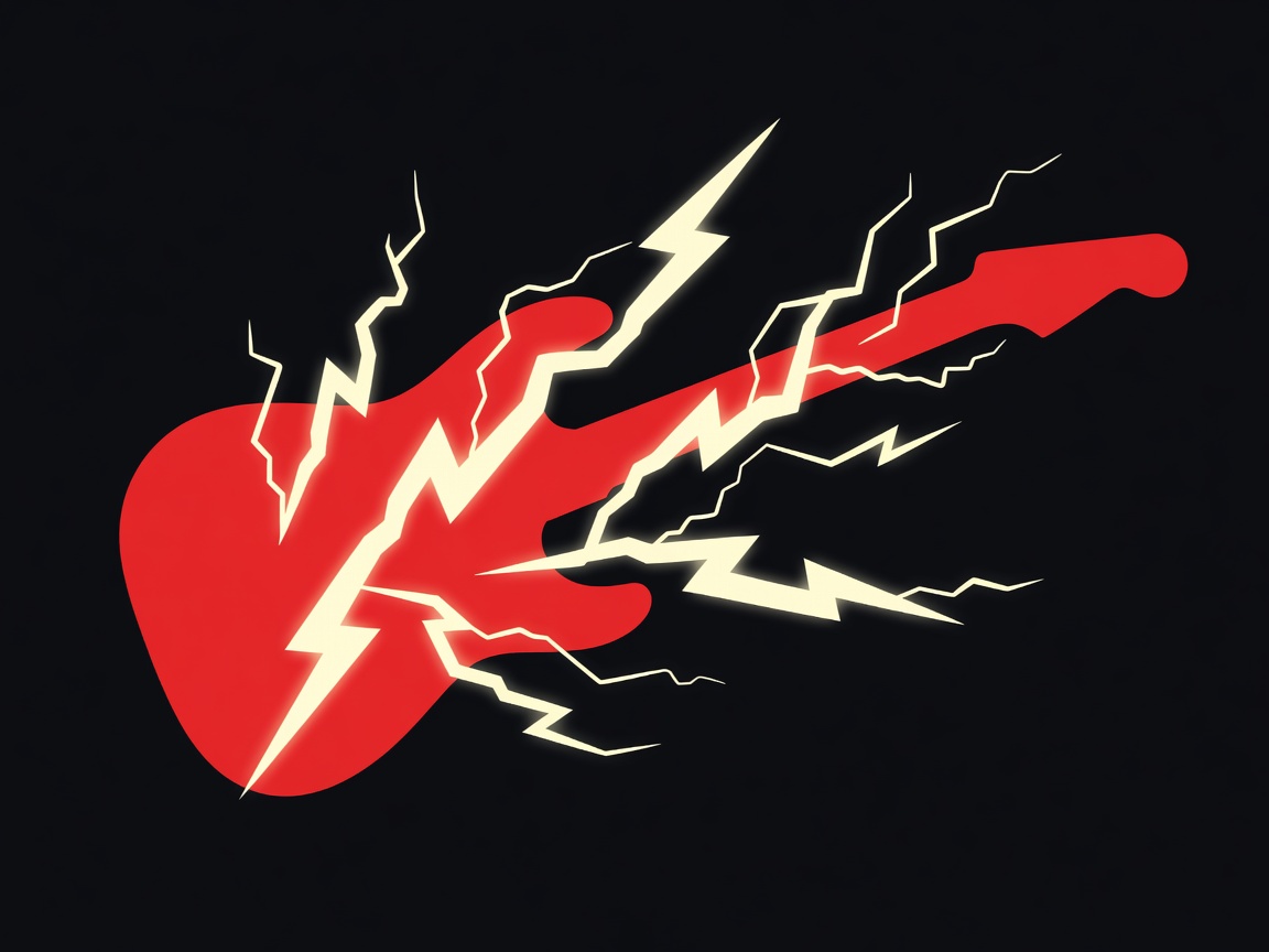 Abstract red guitar silhouette with cream lightning shapes on a black background