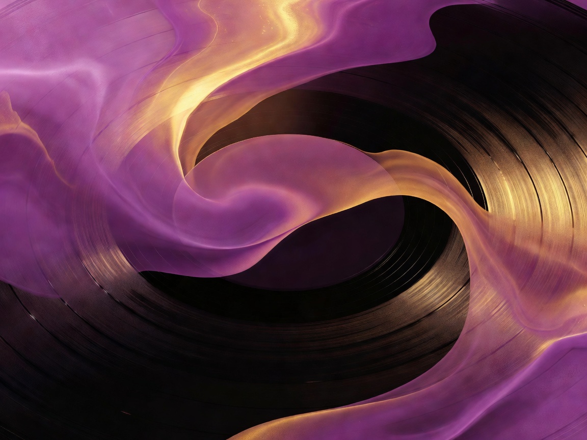 Abstract warm purple, gold and black colour fields suggesting a record groove