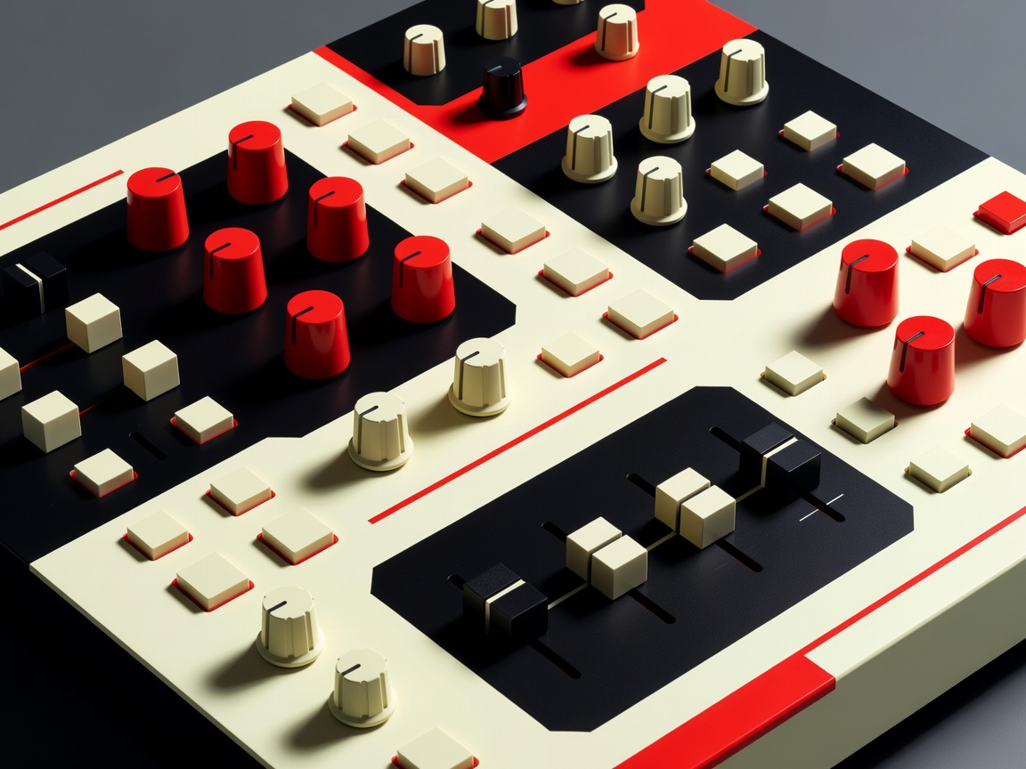 Abstract synthesiser controls with red, cream and black geometric forms